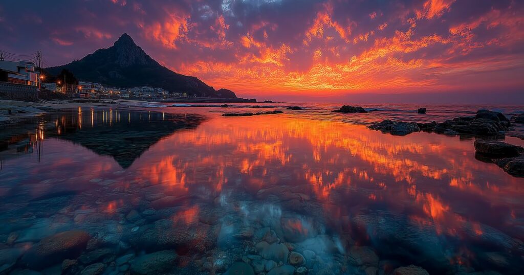 静岡県・西伊豆の土肥温泉から望む、燃えるような夕日。駿河湾の穏やかな水面に、空と富士山のような山のシルエットが鏡のように映り込んでいる絶景。