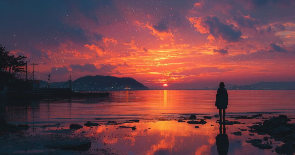 一人の女性が静かな海辺に佇み、燃えるような夕日と一番星が輝く空を眺めている。絶望の先に見つけた希望と癒やしを象徴する幻想的な風景。
