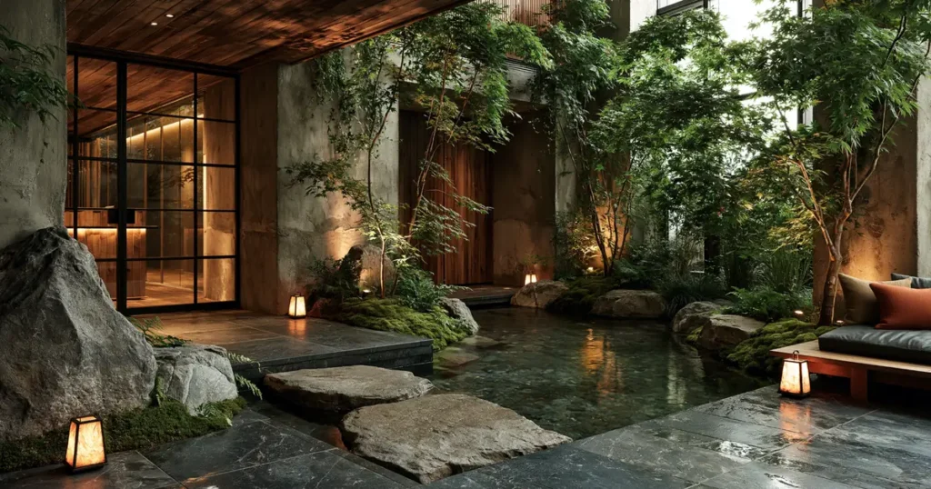 Quiet luxury Japanese ryokan entrance with moss garden, stone path, water, and warm lantern light