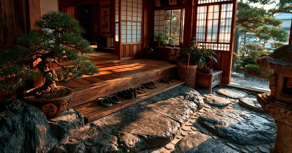 Traditional Japanese ryokan entrance with wooden threshold, stone path, bonsai, and warm evening light