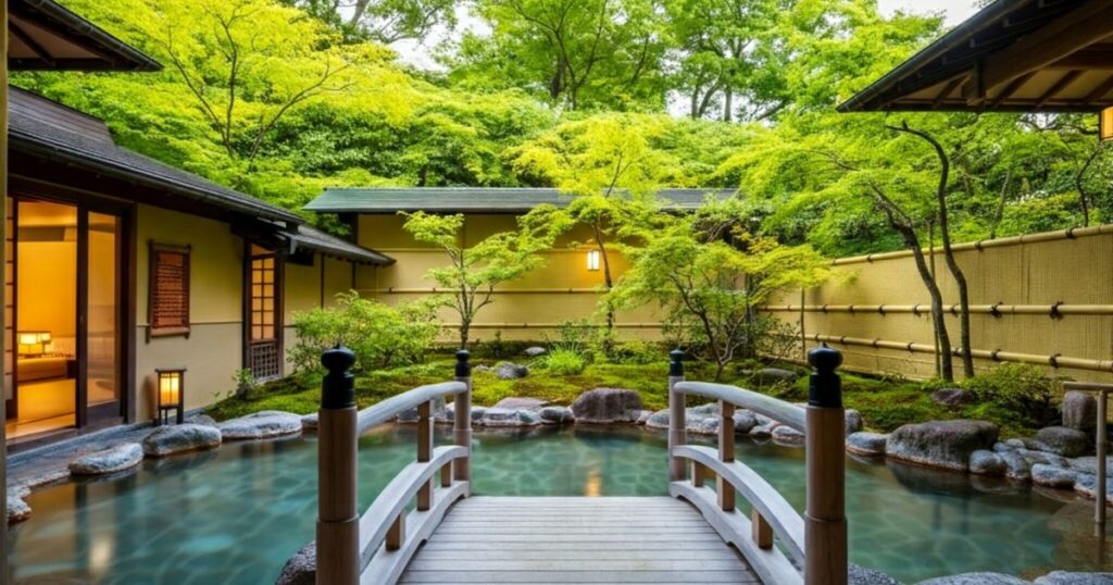 日本の旅館の美しい庭園にある露天風呂と木製の橋、緑豊かな景観が広がっている様子