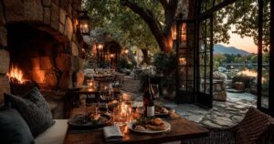 夕暮れのオーベルジュのテラスダイニング、暖炉の炎とキャンドル、山並みを望む上質な食卓