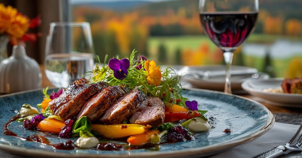 秋の紅葉を背景に、美しく盛り付けられた鴨肉のローストと赤ワインが置かれたレストランのテーブル。