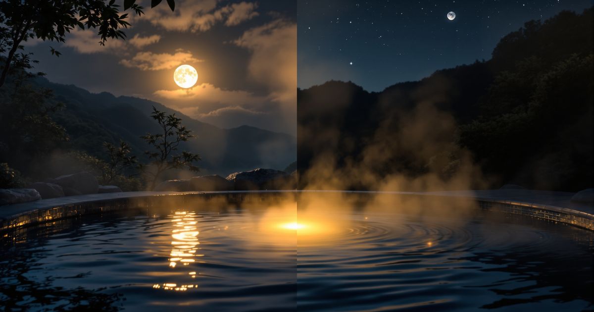 満月と新月の違いを表現した温泉の幻想的な風景