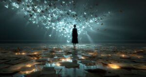 足元に光る無数の紙が散らばる水辺に佇む人物のシルエット。頭上からは、天からの光のように夥しい数の蝶が舞い降りている幻想的なアート。