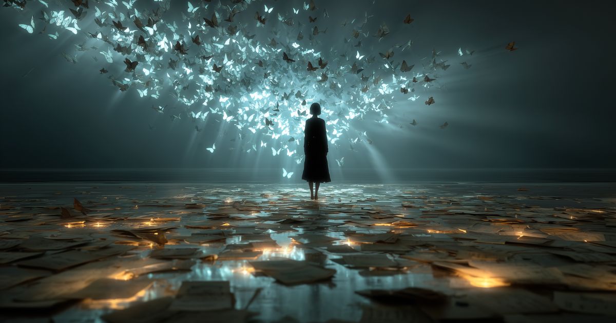 足元に光る無数の紙が散らばる水辺に佇む人物のシルエット。頭上からは、天からの光のように夥しい数の蝶が舞い降りている幻想的なアート。