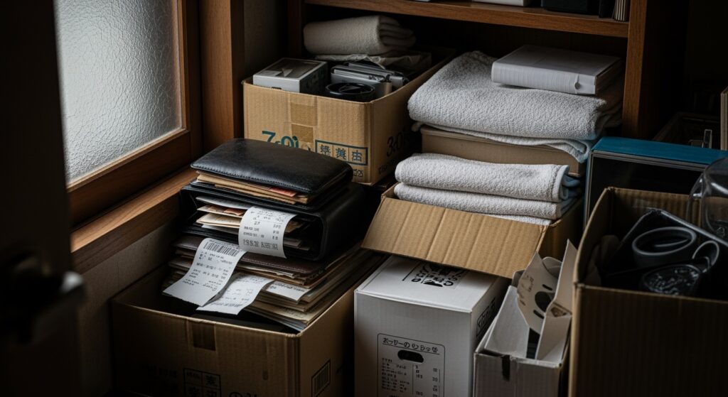 金毒が溜まる原因となる散らかった部屋の一角、溢れたレシート、古い財布、使われない物が積み重なる日本の家