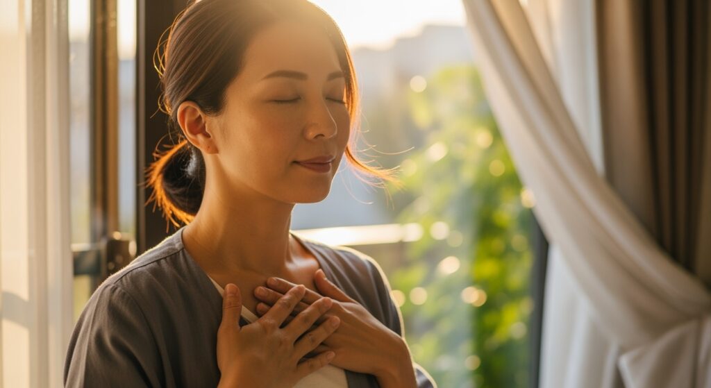 金毒浄化の日々の実践、早朝に窓辺で深呼吸をする女性、朝の光が差し込む穏やかな日本の家でのマインドフルネス