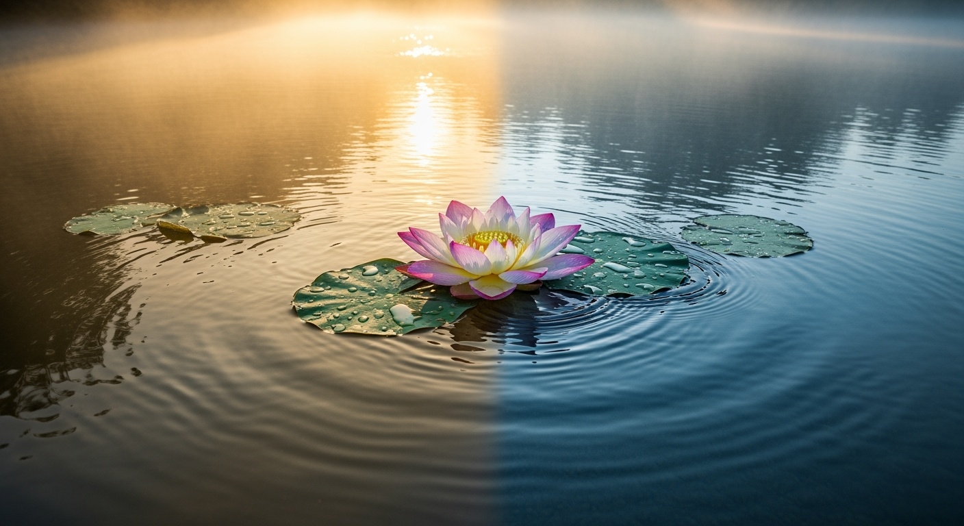 金毒の浄化を象徴する蓮の花と清らかな水、朝の光が差し込む神秘的な日本庭園の池