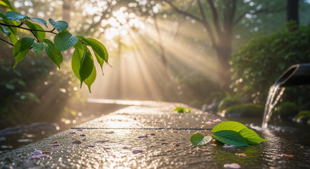 金毒浄化後の希望に満ちた未来、朝霧漂う日本庭園の石畳、光が差し込む新緑と清らかな水の流れ