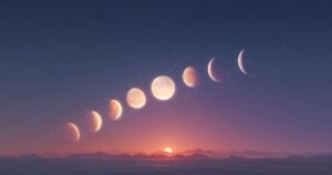 夕暮れの空に、三日月から満月、そしてまた欠けていく月まで、月の満ち欠けが弧を描いて並んでいる様子。