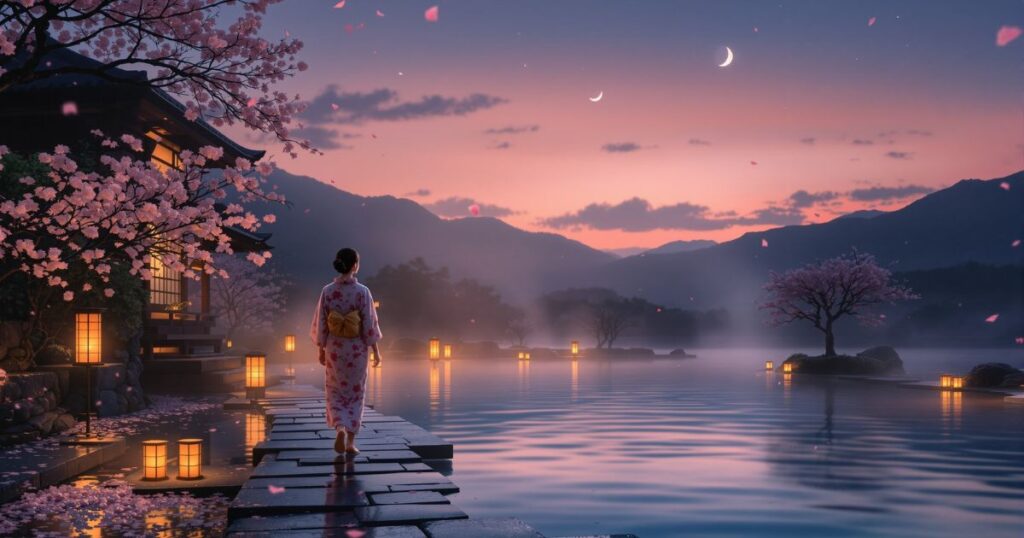 黄昏時に温泉へ向かう浴衣姿の女性