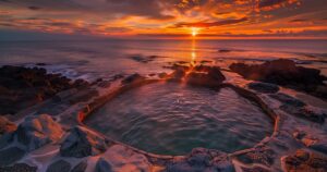 黄金崎不老ふ死温泉の海辺にある露天風呂から眺める、日本海に沈む感動的な夕日