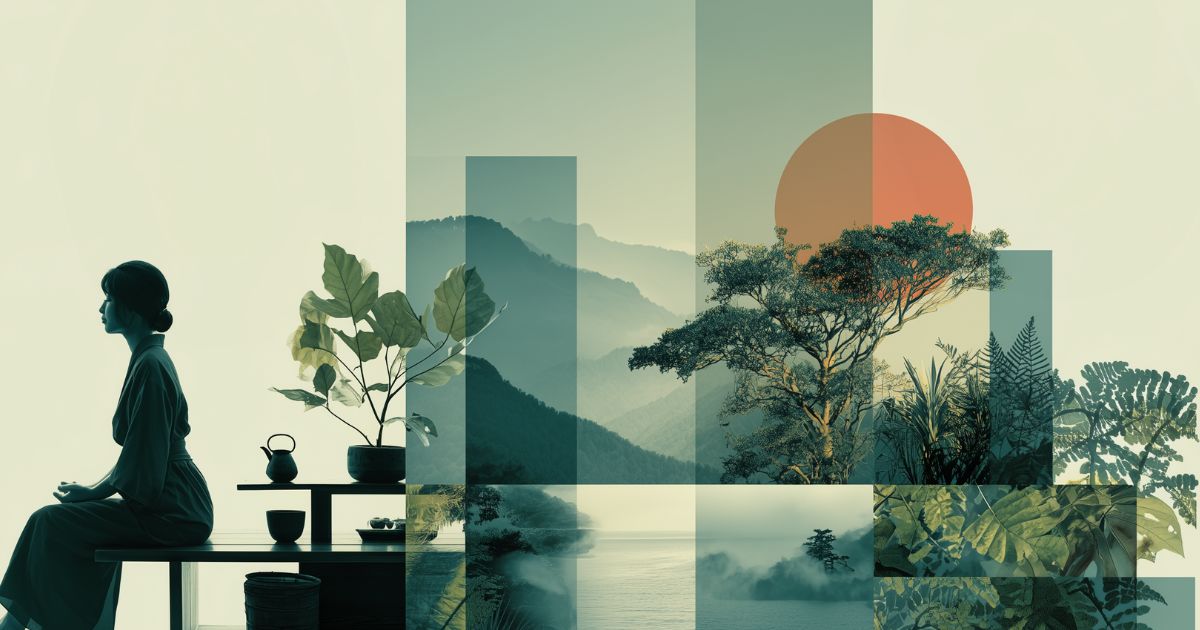 山々と湖の風景が幾何学的に組み合わされた背景に、着物姿の女性が静かに座っている。そばには急須と湯呑、観葉植物が置かれ、落ち着いた雰囲気を醸し出している。