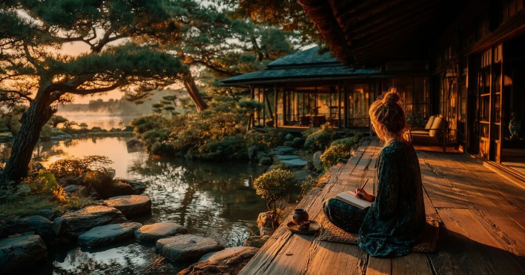 日本庭園に面した伝統的な家屋の縁側で、朝日に照らされながら一人の女性がノートに書き物をしている。