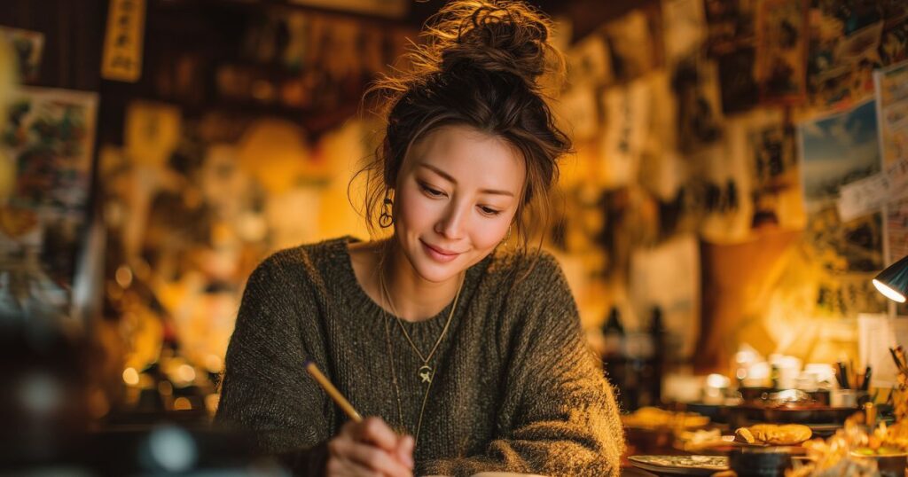 壁に多くの写真やメモが貼られた趣のある部屋（またはカフェ）で、お団子ヘアの女性がデスクライトに照らされながら、微笑みつつ手帳に何かを書き込んでいる。
