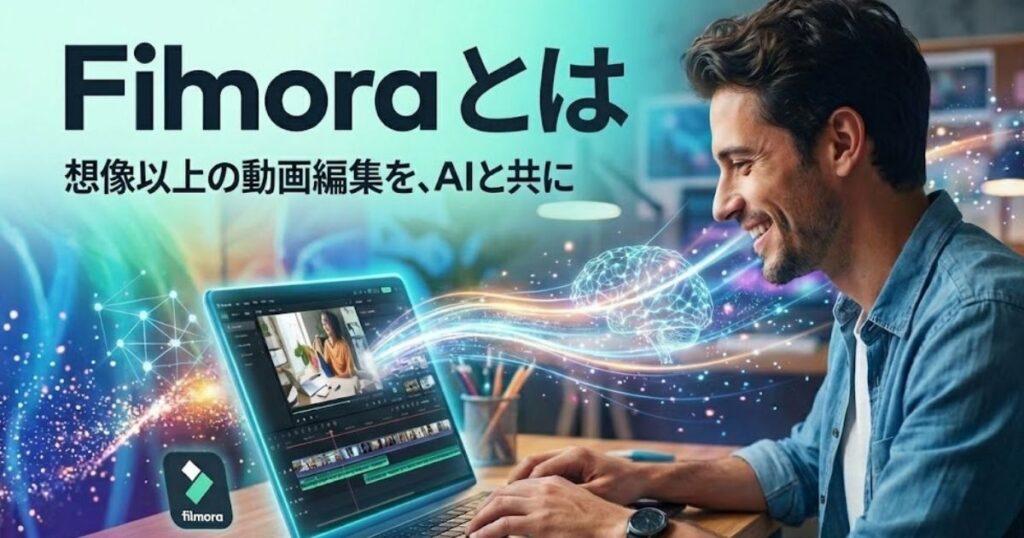 Filmoraを使ってYouTubeのBGM動画を制作する男性。ノートパソコンの画面にはFilmoraのタイムラインが表示され、音波のビジュアルエフェクトが表現されている。