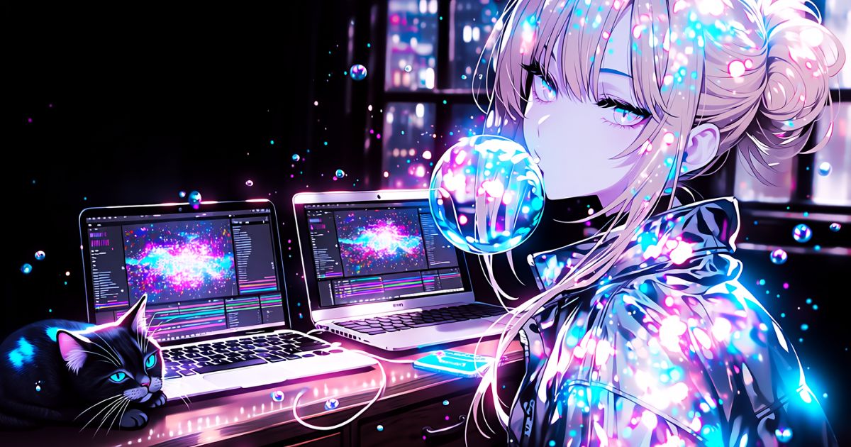 FilmoraをMacとWindowsの複数台で操作する女性と黒猫のイラスト（買い切り・サブスクの使い分けイメージ）