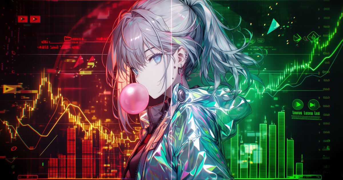 赤と緑のグラフ背景に、近未来的な雰囲気の人物イラスト（Filmoraを安く買う記事のアイキャッチ）