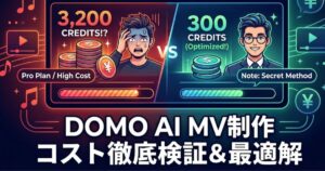 DOMO AIで3分間のMVを制作した際のコスト比較イラスト。左側は工夫なしで3,200クレジット消費して青ざめている様子、右側は最適解メソッドで300クレジットに抑えて余裕のある様子。Proプランのコストパフォーマンス検証。