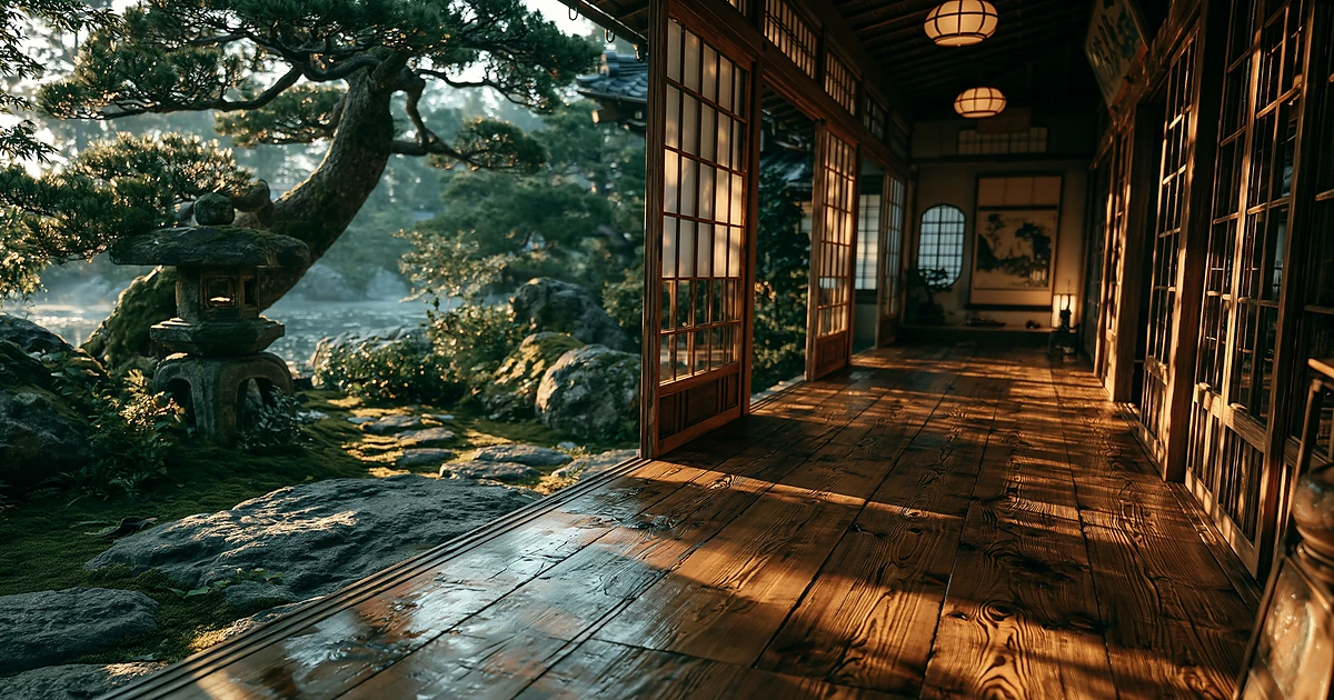 A quiet Japanese ryokan corridor with polished wood, shoji screens, and a moss garden in soft morning light.